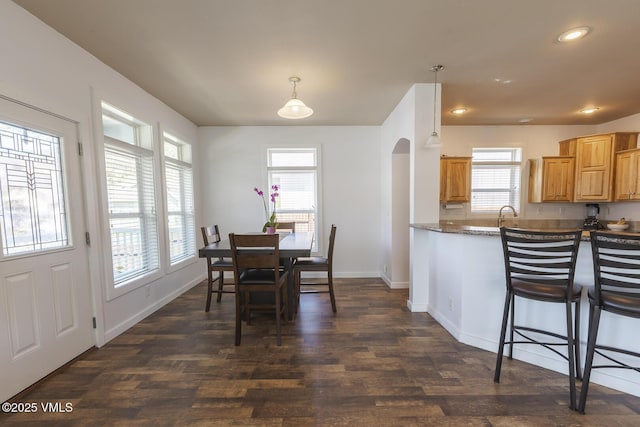 44 Salmon Loop, Gypsum, CO 81637 - dining room featuring dark wood-style floors, arched walkways, baseboards, and recessed lighting