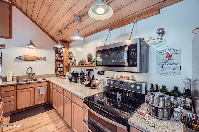 425 Howard St, Eagle, CO 81631 - kitchen featuring appliances with stainless steel finishes, a sink, vaulted ceiling, wooden ceiling, and open shelves
