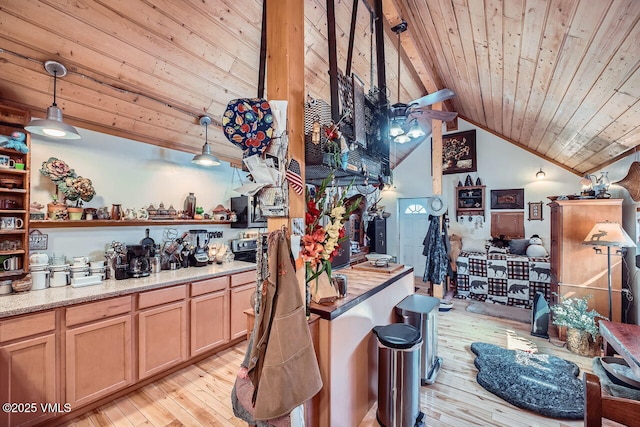 425 Howard St, Eagle, CO 81631 - bar area with wooden ceiling, light wood finished floors, vaulted ceiling, a ceiling fan, and pendant lighting
