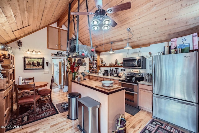425 Howard St, Eagle, CO 81631 - kitchen with stainless steel appliances, butcher block countertops, wood ceiling, light wood-style floors, and ceiling fan