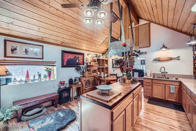 425 Howard St, Eagle, CO 81631 - kitchen with wood ceiling, a sink, light wood-type flooring, butcher block counters, and a ceiling fan