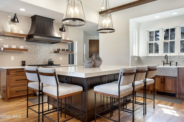 446 Kensington Dr, Edwards, CO 81632 - kitchen featuring open shelves, premium range hood, backsplash, light wood-type flooring, and recessed lighting