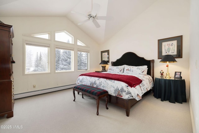 carpeted bedroom featuring vaulted ceiling, ceiling fan, and baseboard heating