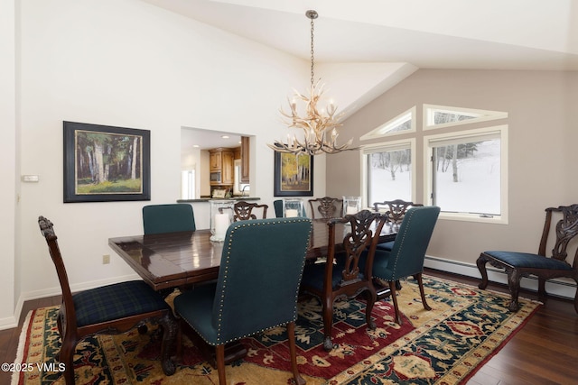 dining space featuring an inviting chandelier, lofted ceiling, dark hardwood / wood-style floors, and baseboard heating