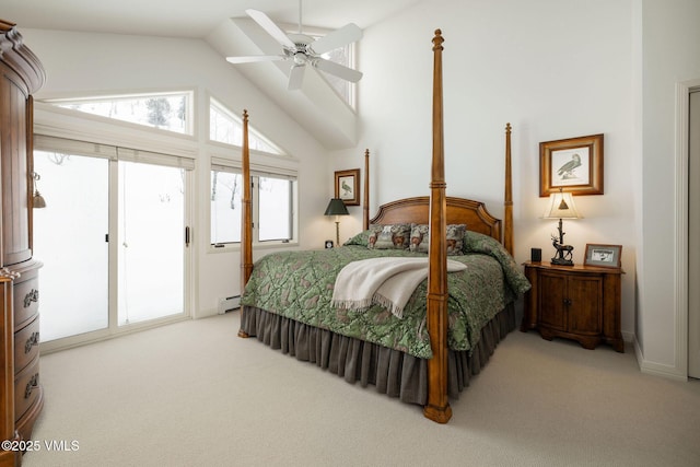 bedroom featuring high vaulted ceiling, a baseboard radiator, carpet floors, access to outside, and ceiling fan