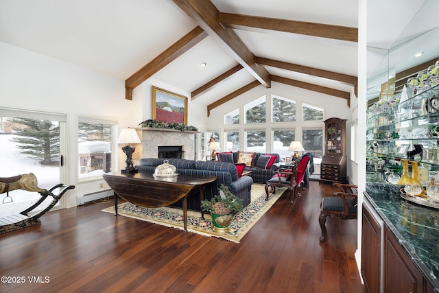 living room featuring dark wood-type flooring, beamed ceiling, high vaulted ceiling, and a baseboard heating unit