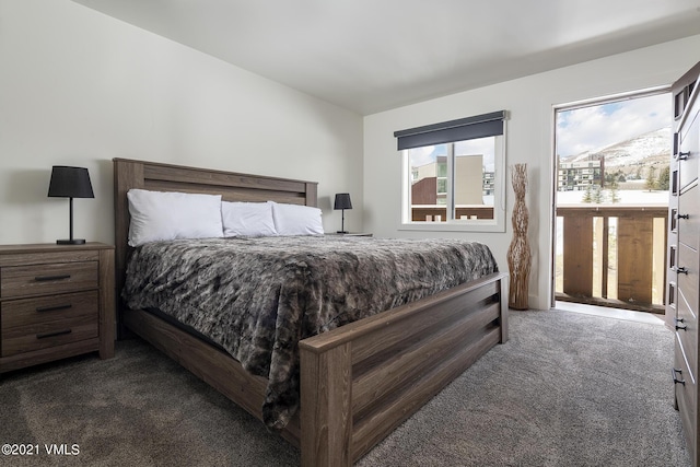 bedroom featuring dark colored carpet