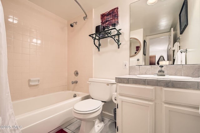 full bath featuring connected bathroom, toilet, tile patterned flooring, vanity, and shower / bathtub combination with curtain