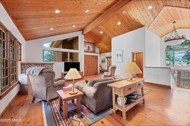 living area with beam ceiling, wood-type flooring, high vaulted ceiling, recessed lighting, and wood ceiling