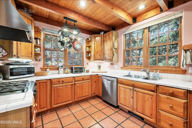 kitchen with appliances with stainless steel finishes, open shelves, wood ceiling, and wall chimney exhaust hood