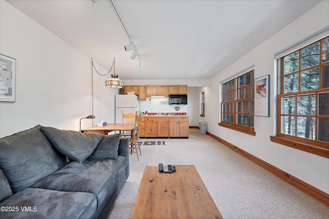 living room with baseboards, rail lighting, and light colored carpet
