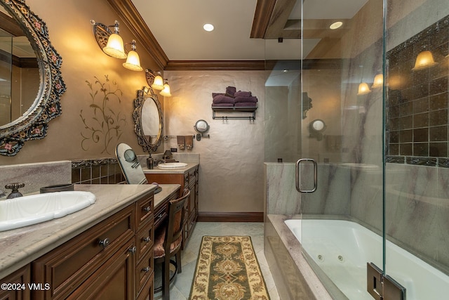 bathroom featuring ornamental molding, separate shower and tub, and vanity