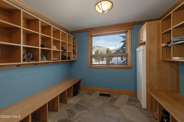 mudroom featuring a mountain view