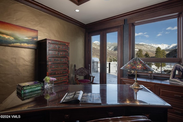 office space featuring a mountain view and crown molding