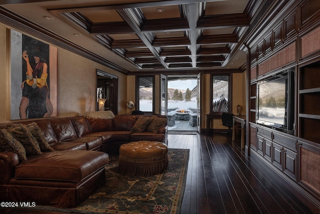 living room with beamed ceiling, crown molding, coffered ceiling, and dark wood-type flooring