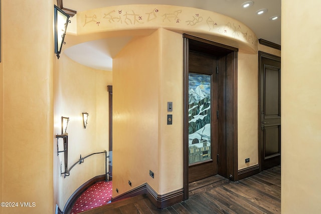 hallway with dark wood-type flooring