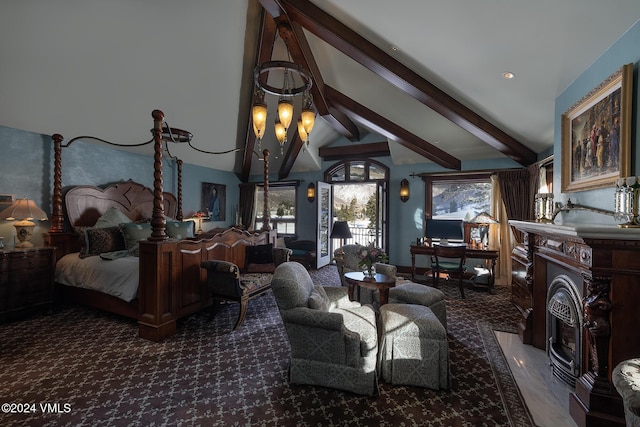 bedroom with a chandelier, lofted ceiling with beams, and multiple windows