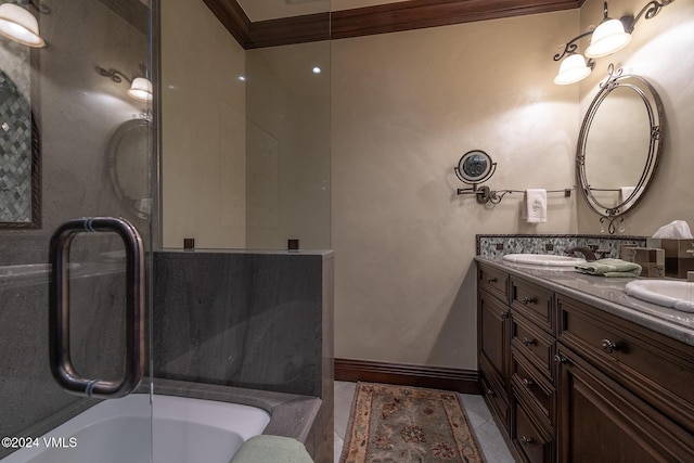 bathroom featuring vanity, tile patterned floors, and ornamental molding