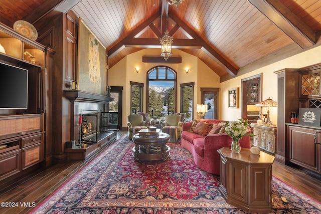 living room featuring dark hardwood / wood-style flooring, high vaulted ceiling, beam ceiling, and wooden ceiling