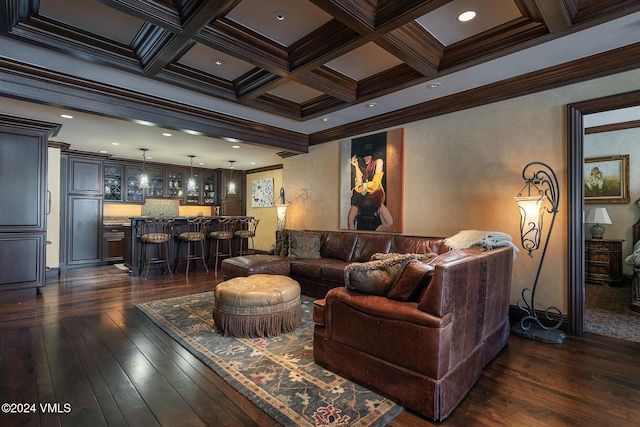 living room with coffered ceiling, crown molding, dark wood-type flooring, and beamed ceiling