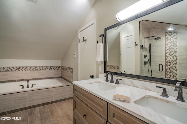 4031 Bighorn Rd Unit 9-H, Vail, CO 81657 - full bath with a shower stall, double vanity, a bath, and lofted ceiling