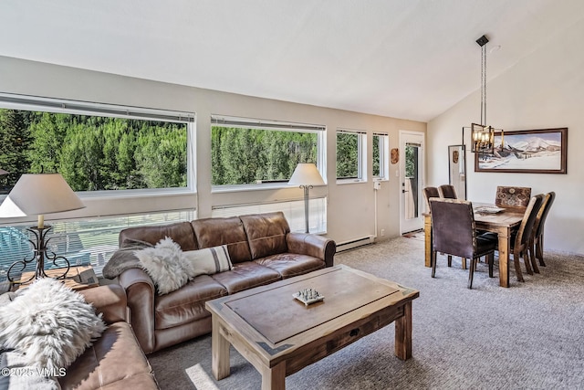 4031 Bighorn Rd Unit 9-H, Vail, CO 81657 - living room with a chandelier, a baseboard heating unit, light colored carpet, and lofted ceiling