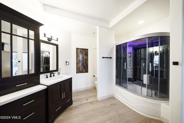 bathroom with baseboards, toilet, wood finished floors, combined bath / shower with glass door, and vanity