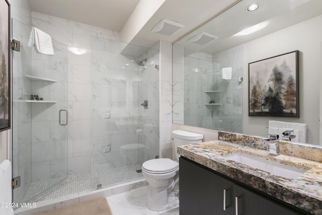 bathroom with walk in shower, vanity, and toilet