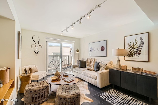 living room featuring dark tile patterned flooring and rail lighting