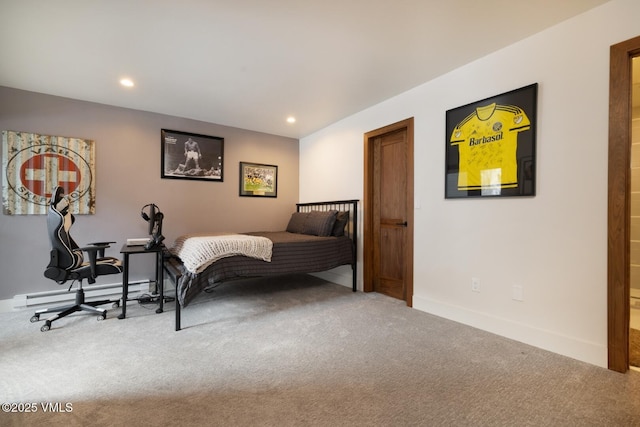 carpeted bedroom with recessed lighting, a baseboard heating unit, and baseboards