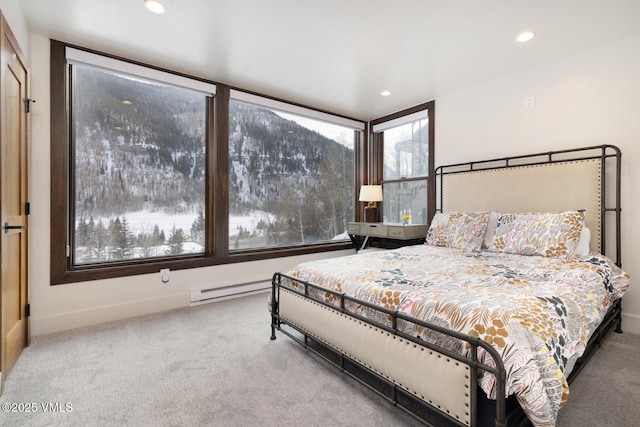 bedroom featuring carpet flooring, recessed lighting, and baseboards