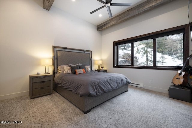 carpeted bedroom featuring beam ceiling, baseboard heating, recessed lighting, and baseboards