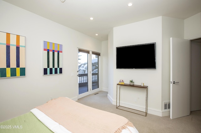 bedroom with visible vents, baseboards, recessed lighting, access to exterior, and carpet flooring