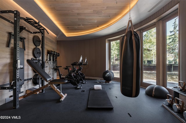 100 Vail Rd, Vail, CO 81657 - workout area with wood ceiling and a tray ceiling