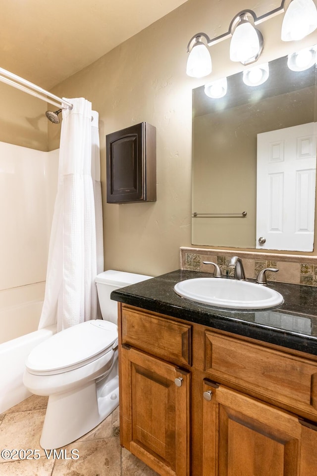 bathroom with vanity, tile patterned floors, toilet, and shower / bathtub combination with curtain