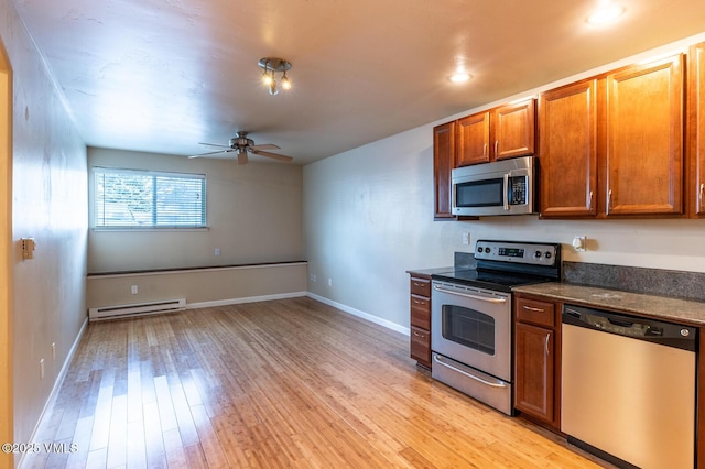 kitchen with ceiling fan, baseboard heating, light wood-style flooring, appliances with stainless steel finishes, and brown cabinetry