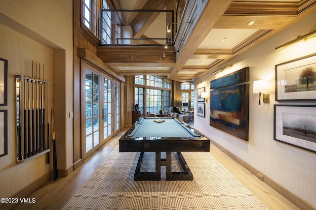 17 Chateau Ln Unit 501, Beaver Creek, CO 81620 - recreation room featuring wood finished floors, beamed ceiling, billiards, coffered ceiling, and a glass covered fireplace