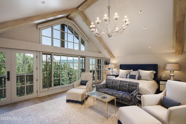 17 Chateau Ln Unit 501, Beaver Creek, CO 81620 - bedroom with beamed ceiling, a chandelier, wood finished floors, multiple windows, and high vaulted ceiling
