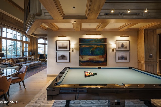 17 Chateau Ln Unit 501, Beaver Creek, CO 81620 - rec room with crown molding, wood finished floors, billiards table, and beam ceiling