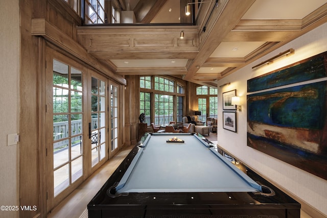17 Chateau Ln Unit 501, Beaver Creek, CO 81620 - recreation room featuring billiards table, beam ceiling, coffered ceiling, and crown molding