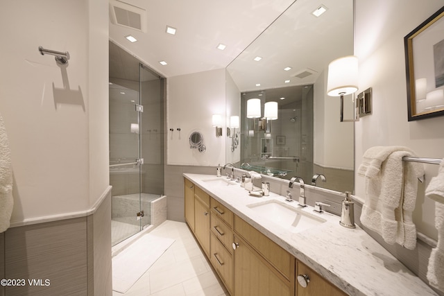 17 Chateau Ln Unit 501, Beaver Creek, CO 81620 - full bath featuring double vanity, a stall shower, and recessed lighting