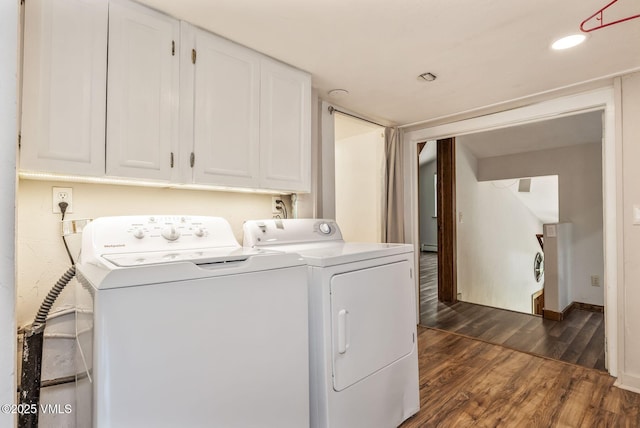 562 Main St, Minturn, CO 81645 - washroom featuring washing machine and dryer, dark wood finished floors, cabinet space, baseboards, and recessed lighting
