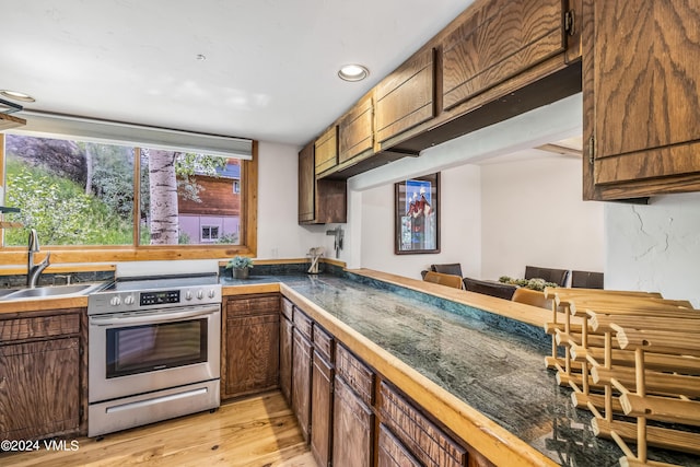 kitchen featuring electric stove, sink, and light hardwood / wood-style flooring