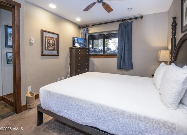 carpeted bedroom featuring recessed lighting and a ceiling fan