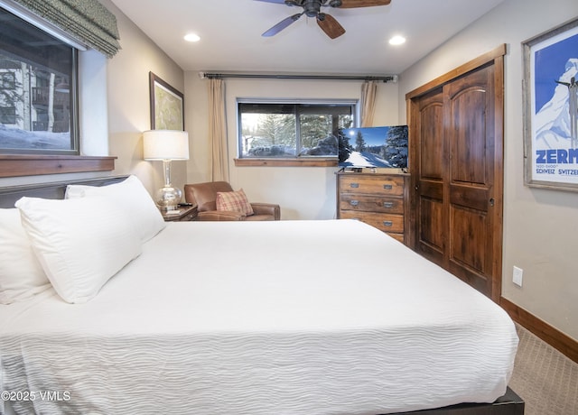 bedroom with a ceiling fan, recessed lighting, a closet, and baseboards