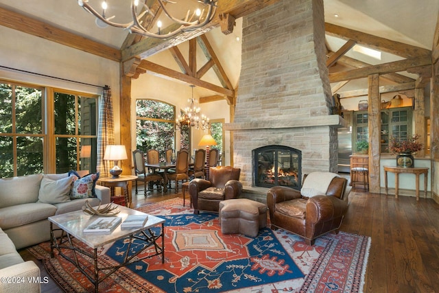 living room featuring hardwood / wood-style floors, high vaulted ceiling, a fireplace, a chandelier, and beam ceiling