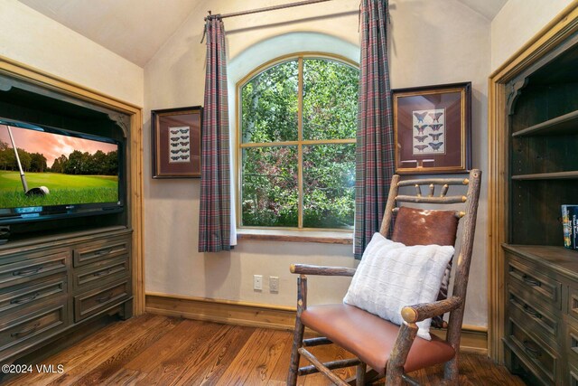 living area with wood-type flooring and vaulted ceiling