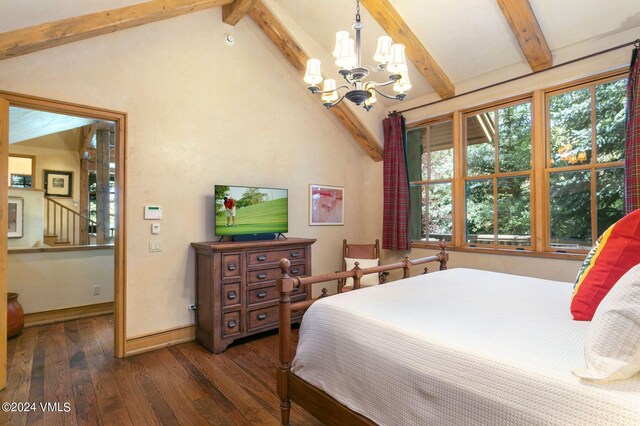 bedroom featuring dark hardwood / wood-style flooring, high vaulted ceiling, a chandelier, and beamed ceiling