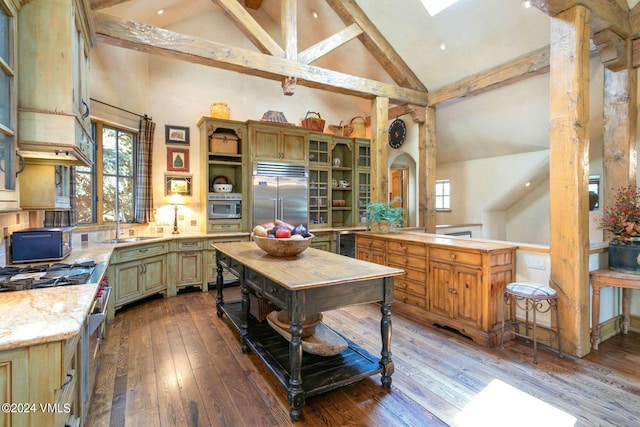 kitchen featuring sink, light stone counters, built in appliances, high vaulted ceiling, and dark hardwood / wood-style flooring