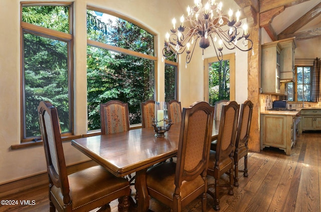 dining space with hardwood / wood-style flooring, vaulted ceiling, and a notable chandelier